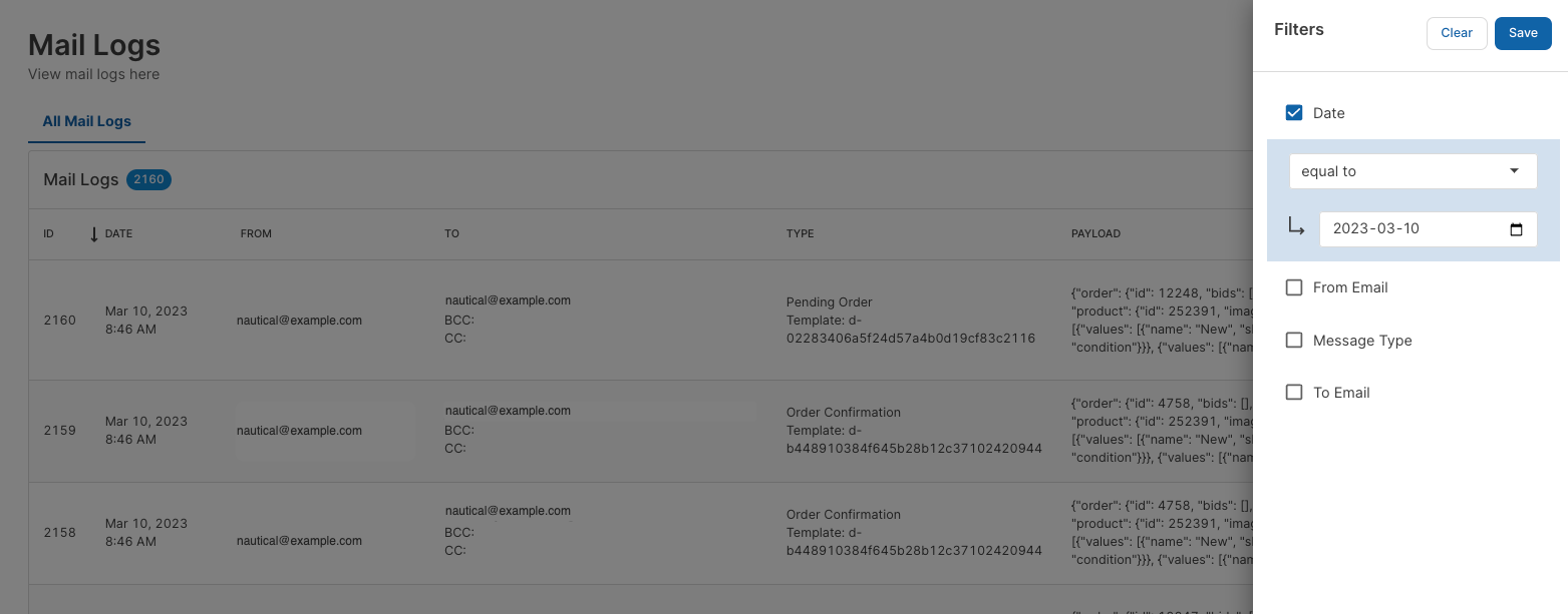 Mail Logs Filter and Sorting